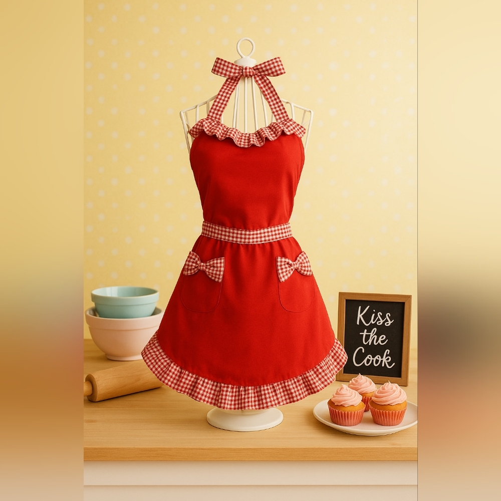 Red Gingham Apron with Bow Details